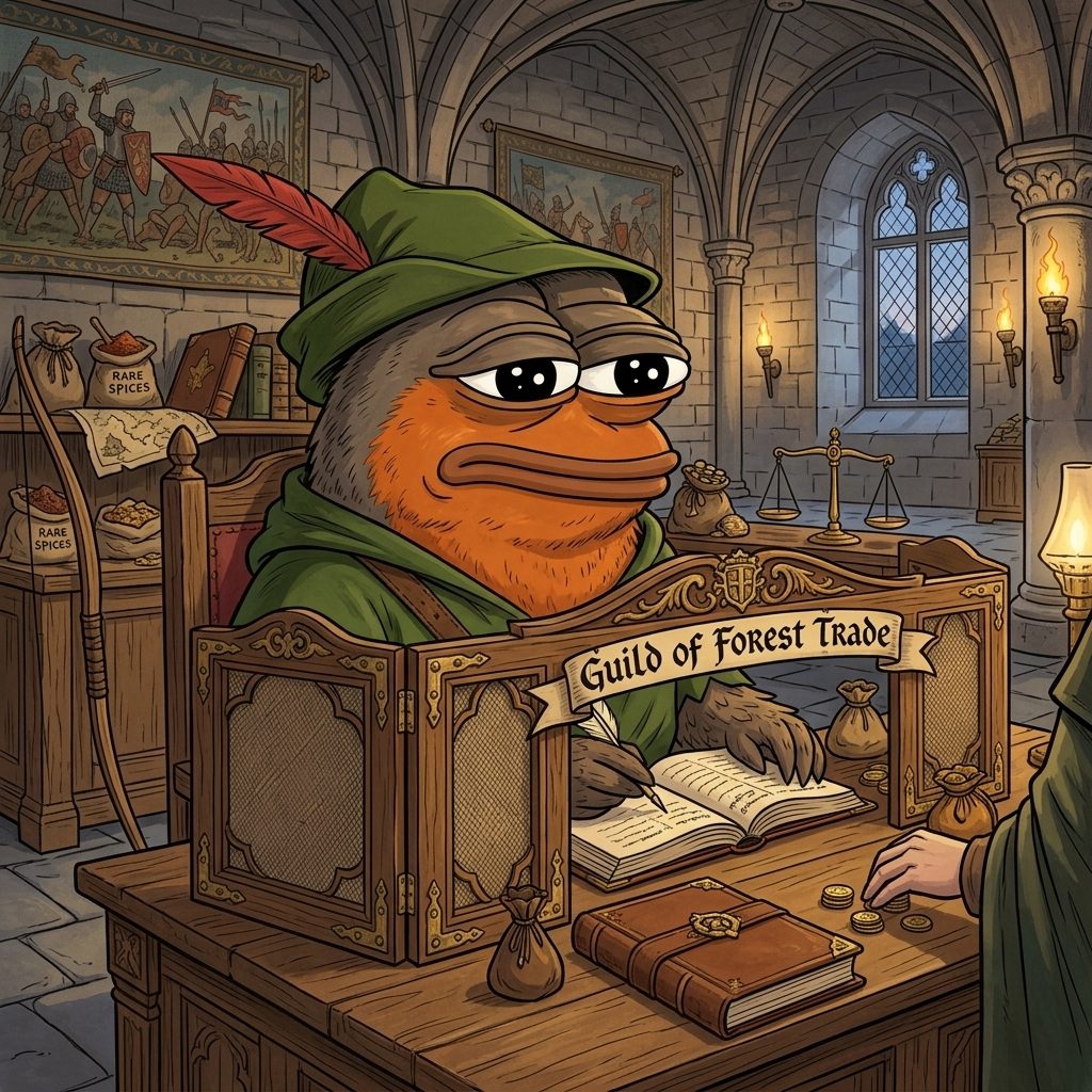 Robby at a wooden counter of the Guild of Forest Trade, writing in a ledger beside coins and scales