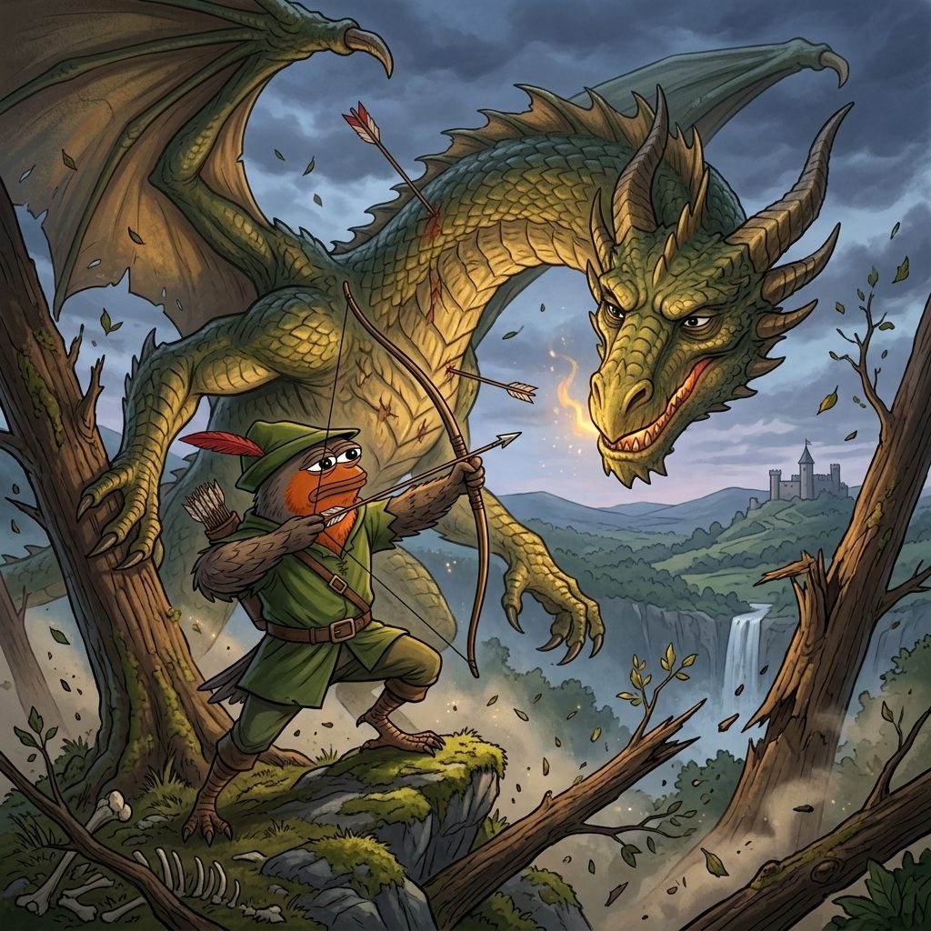 Robby drawing his bow at a great green dragon above a forest valley